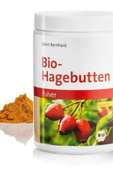 Kräuterhaus Sanct Bernhard Organic Powdered Rosehips package with powder, rich in vitamins and antioxidants.